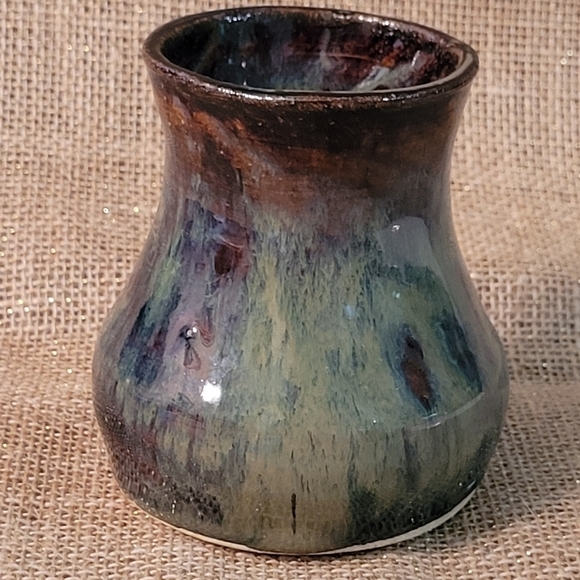 Handmade Pottery Vase Brown W/ Multicolor Green & Tan Accents~ Artist Signed EUC - Picture 4 of 6